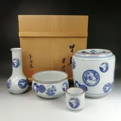 茶道具 染付 金襴手 花鳥文 平安 秀峰 台子皆具 水指 蓋置 釈立 建水