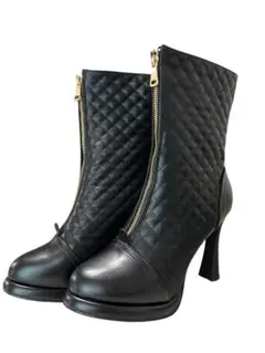 【新品未使用】ブラック キルティングブーツ　ヒール9.5cm 25.0cm