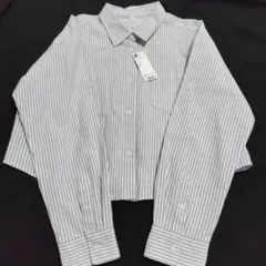 GU ジーユー オックスフォードストライプショートシャツ グレー XL