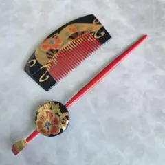 簪　櫛　平打ち　かんざし　黒漆　牡丹　蒔絵　髪飾り　和装小物　N8　アンティーク