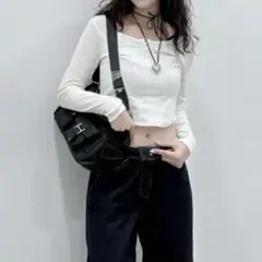 【未使用】GU コットンブレンドリブ クロップド ヘンリーＴ 長袖 Sサイズ
