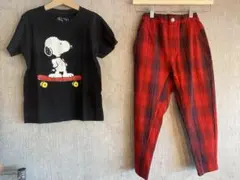 UTスヌーピー Tシャツとbranshes赤×黒チェックパンツセット