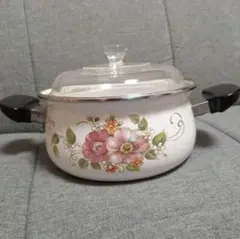 【４月特価】花柄ホーロー鍋 ガラス蓋付き 昭和レトロ