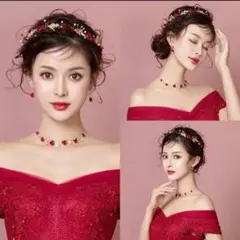 スピード発送 3点セット ヘッドドレス ネックレス イヤリング 赤バラ レッド