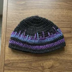 クラッシャーハット　クロシェハット　ビーニー　ハンドメイド　ボーダー柄　パルス柄