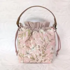 花柄 ユリ ピンク 持ち手付きミニ巾着ポーチ ハンドメイド
