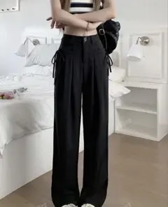 レディース ストレート ハイウエスト パンツ 即日発送 ブラック