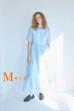 水色 半袖 結婚式 ロングワンピース リボン付き ドレス