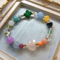ローズクォーツハート♡アクアマリン　ルビー　ペリドット　可愛い天然石ブレスレット