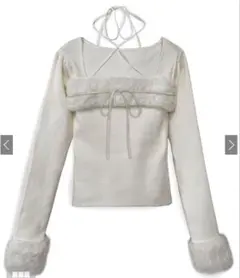 GRL ファーホルターネックリボンニットトップス アイボリー ru1387