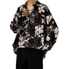 新品/匿名/メンズ 長袖 柄シャツ レギュラーカラー 花総柄 裾ラウンドL位黒地