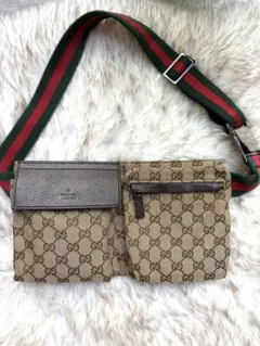 GUCCI ウエストポーチボディバッグGGキャンバス シェリーラインブラウン