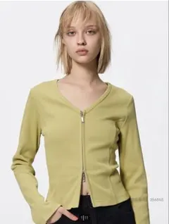 GU / リブダブルジップVネックカーディガン XLサイズ イエロー