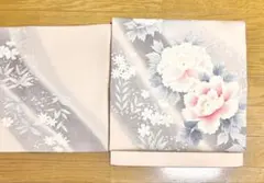 開き名古屋帯 手描友禅 正絹 塩瀬 ピンク 牡丹 春 中古 yzk641