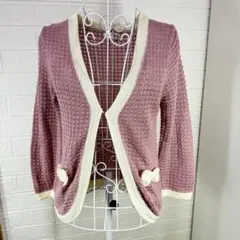 美品 リボン付きピンクカーディガン 長袖 ガーリー