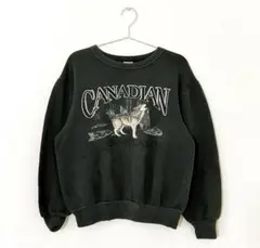 90s カナダ製 アニマルスウェット 狼 アウトドア 刺繍 黒 裏起毛