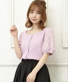 公式サイト完売【INGNI】リブ袖レース前ボタン／スクエアーネック【ラベンダー】