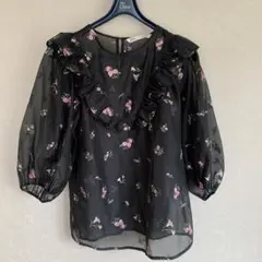 ZARA フリル付き花柄ブラウス シースルー
