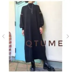 QTUME クチューム バイカラー ネックニットワンピース ブラック　黒