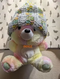 ハンドメイドポンポン付きニット帽 グレー・マルチカラー