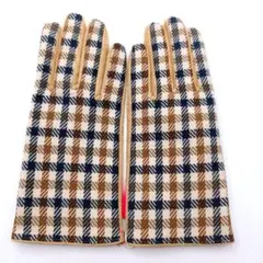 新品 豚革本革 ウール・レザー手袋 クロダ ブラウン チェック 茶色