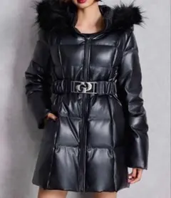 GYDA ベルト付きレザーロングダウンコート