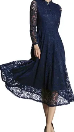 ネイビー レースドレス 長袖 ミディ丈