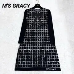 美品✨M’S GRACY フレアワンピース 38 黒×白 ハート柄 リボン付き お洒落☆エムズグレイシー ワンピース 38 M 黒 白 バラ 花