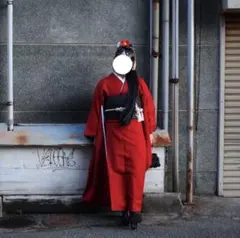 振袖フルセット　 色無地振袖 地紋 赤×黒 正絹 成人式