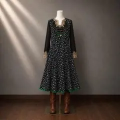 D523 美品 エプロン付き チロリアン マキシ丈ワンピース 花柄 緑 L-XL 