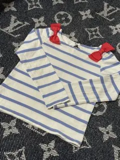 青白ストライプ 長袖カットソー 赤リボン