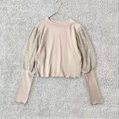 異素材ボリューム袖　リブカットソー　ニット　M ベージュ系　メロウ