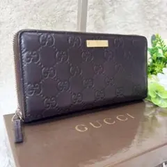 美品 グッチ シマレザー GG 長財布 ゴールド プレート ダークブラウン