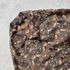 昭和レトロ 総柄 ブラウス　長袖 開襟 ヴィンテージ　花鳥柄 アートデザインaf