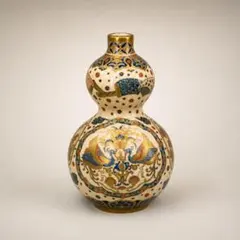 花瓶□赤絵金襴手六角瓢赤玉花入「九谷陶源」丸窓寿萬紋 窓花唐草金彩