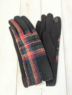 新品　レディース 手袋 チェック　裏起毛 ストレッチ　スマホ　ブラック　黒