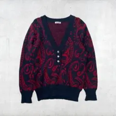 ニットプルオーバー ペイズリー 総柄 ヴィンテージ 赤 ネイビー 古着
