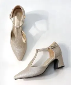 Tストラップセパレートパンプス　ラメゴールド　22.5cm