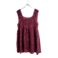 美品 ニットワンピース ノースリーブ チュニック風 紫赤 M レース編み 春秋