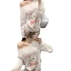 オフショルダー猫デザインシャツ Lサイズ ワンホン 韓国ファッション