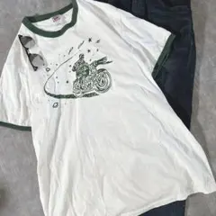 【人気】メンズ 3LリンガーTシャツ モーターサイクル 両面プリント 半袖白 緑のサムネイル