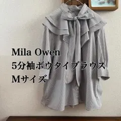 ミラオーウェン 5分袖ボウタイストライプブラウス フリル Mサイズ リボン