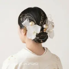 成人式髪飾り　卒業式髪飾り　胡蝶蘭髪飾り　白ゴールド　水引　金箔　振袖　袴