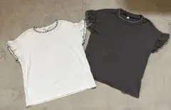 セット　ＧＵ ジーユー　綿95%リブメローTシャツ半袖　フリル　白・灰色160のサムネイル