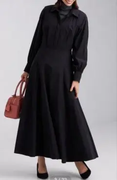 【美品】green label relaxingフレアシャツワンピース黒ロング