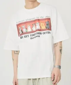 オーバーサイズTシャツユニセックスプリント猫ホワイト白コットン綿オレンジ半袖XL
