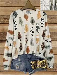 新品　L〜XL 猫柄 長袖ニットセーター