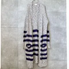 キャスロン ボーダーロングカーディガン M グレー×パープル