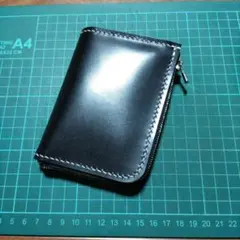 ☆姫路レザー·スムース（ブラック）ハンドメイド☆コンパクト財布·カード入れ付きb
