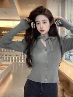 shein ネックタイ付き カーディガン グレー M リボン